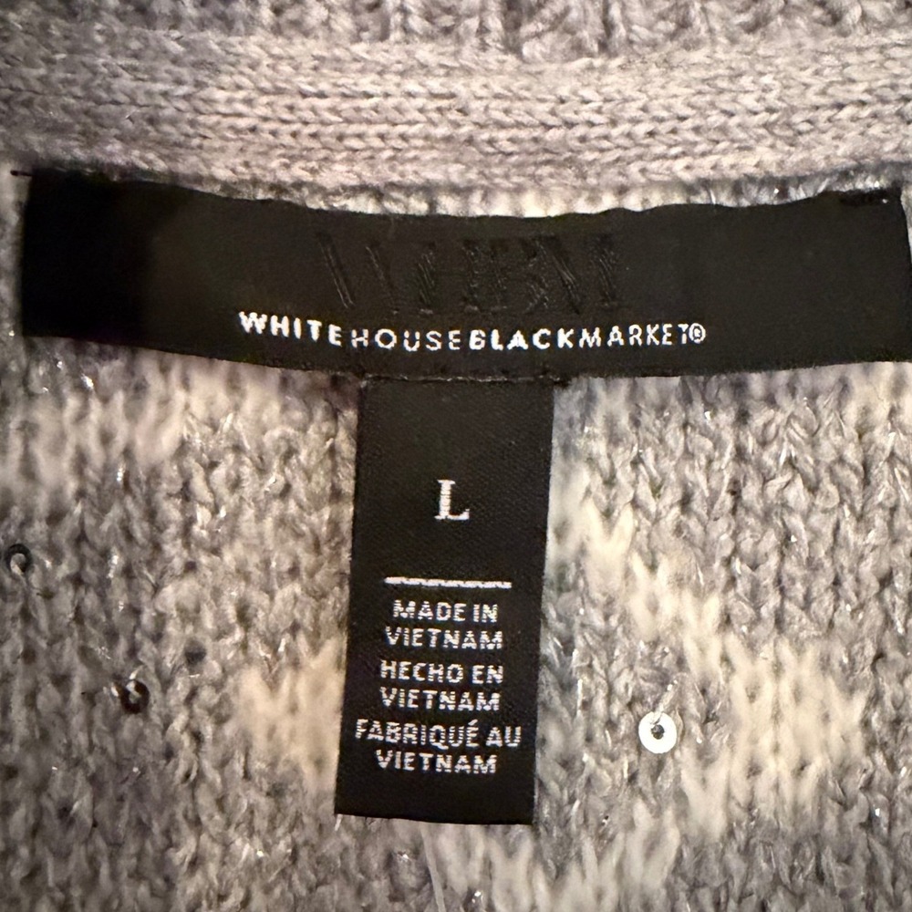 White House Black Market Fair Isle Sequin Cardigan Sweater Women's L Gray Boho - Picture 6 of 14